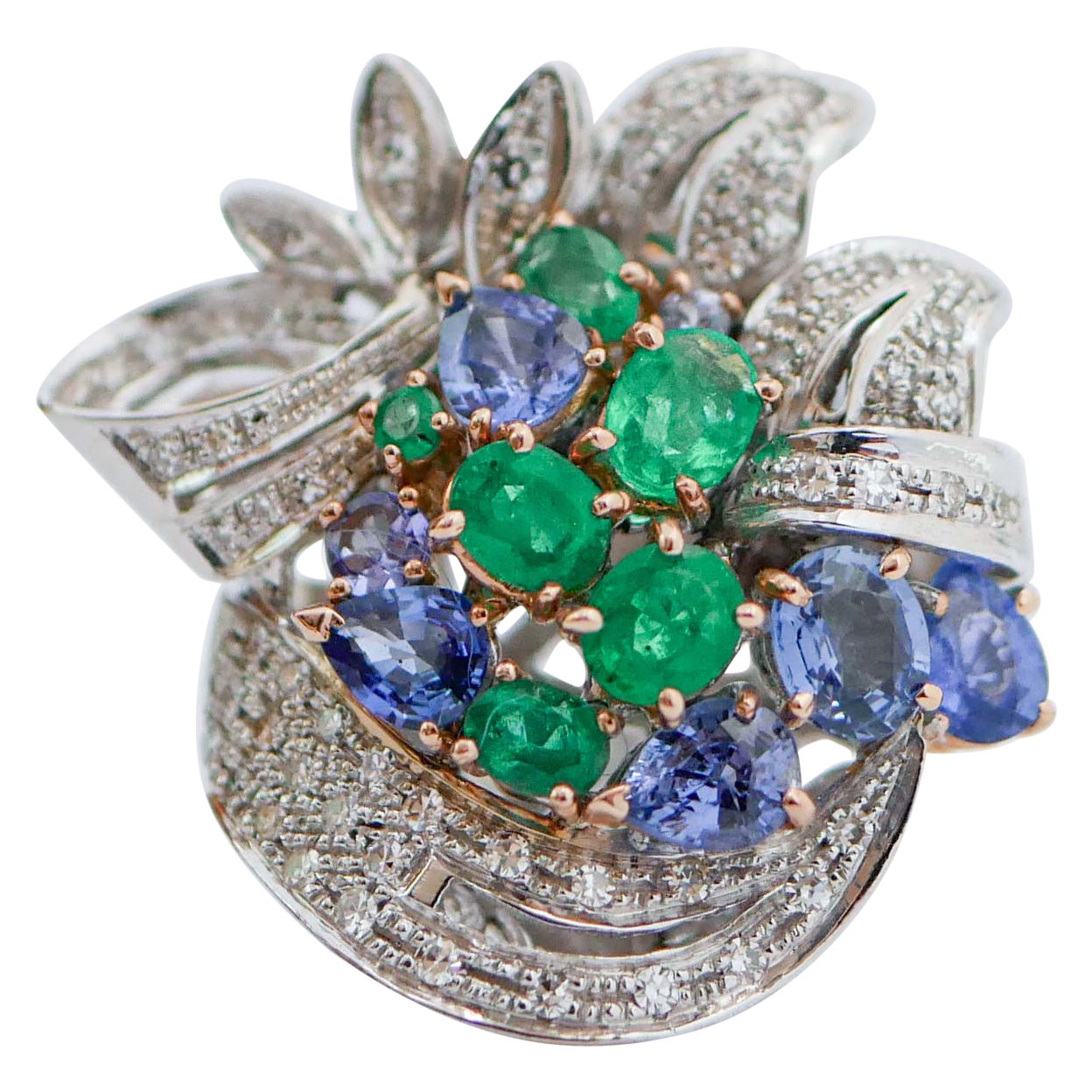 Emeralds, Sapphires, Diamonds, 14 Karat White Gold Ring. For Sale