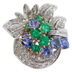 Vintage Emeralds, Sapphires, Diamonds, 14 Karat White Gold Ring.