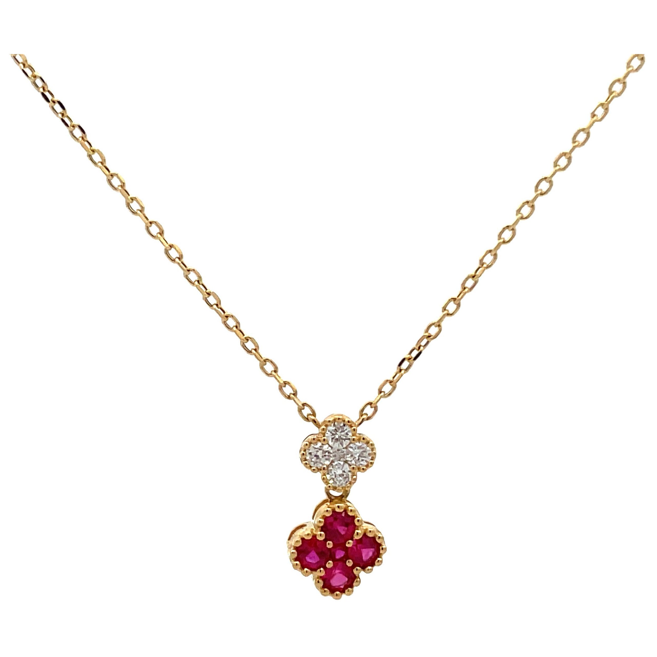 Double Cluster Ruby Diamond Pendant Necklace 0.47 Carats 18 Karat Yellow Gold For Sale