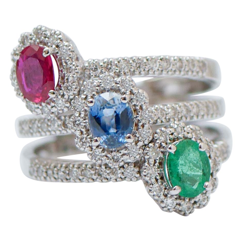 Ruby, Emerald, Sapphire, Diamonds, 18 Karat White Gold Ring. For Sale