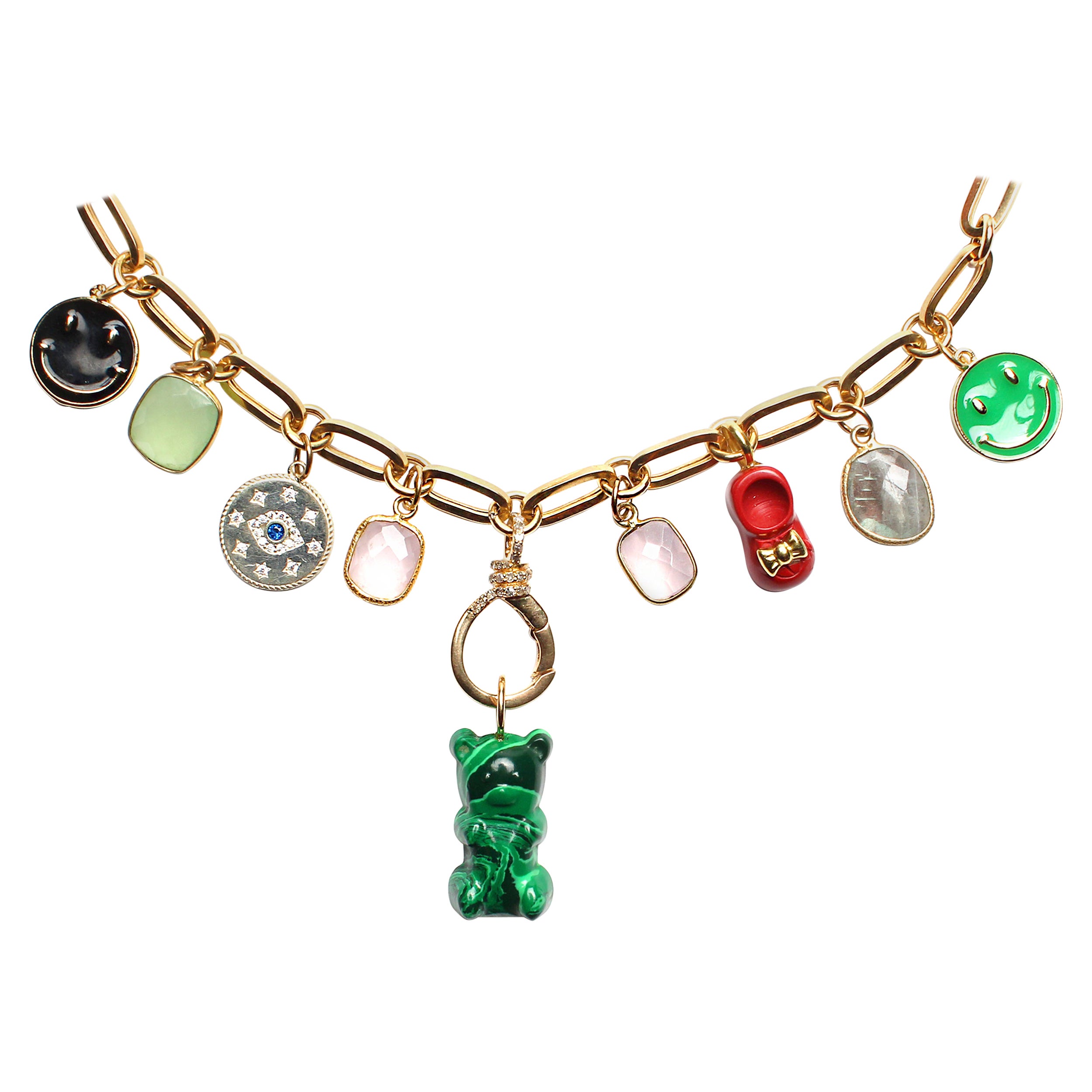 CLARISSA BRONFMAN Gold PprClip Chain Multi Color& Malachite Bear Charm Necklace