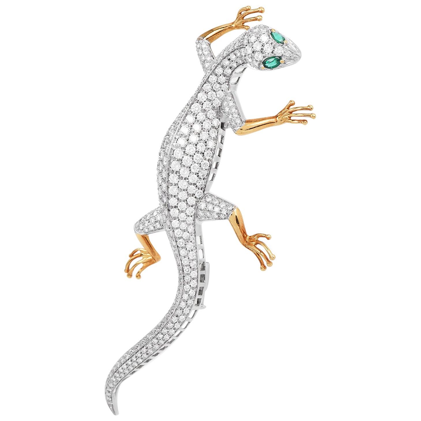 GARAVELLI Diamond 7.92cts Emerald 18K Gold Lizard Pin For Sale