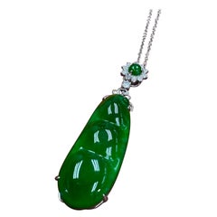 Certified Imperial Jade Peapod & Diamond Pendant Necklace. Substantial Piece.