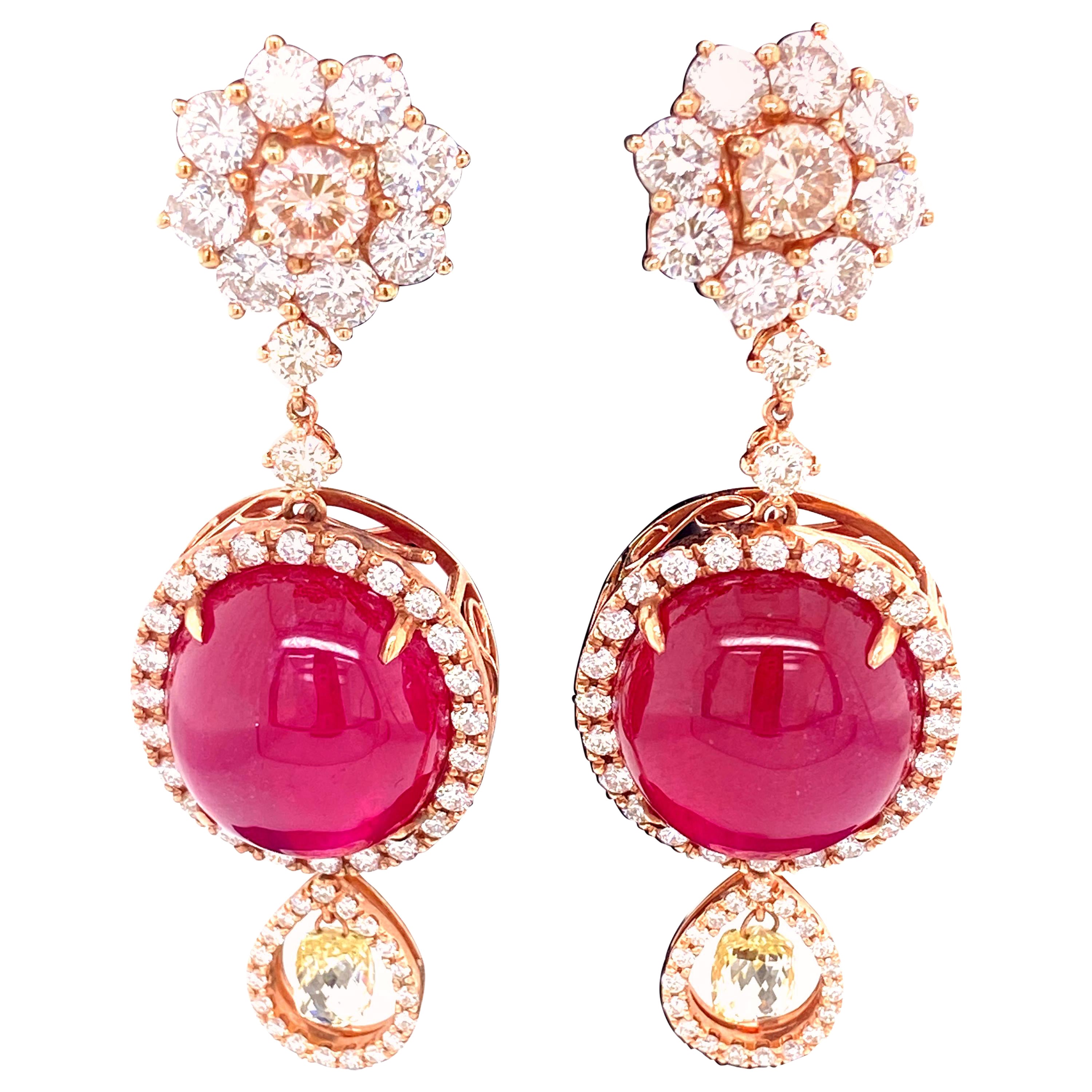 42.02 Carat Ruby Cabochon, Pink Diamond, and Diamond Briolette Gold Earrings For Sale