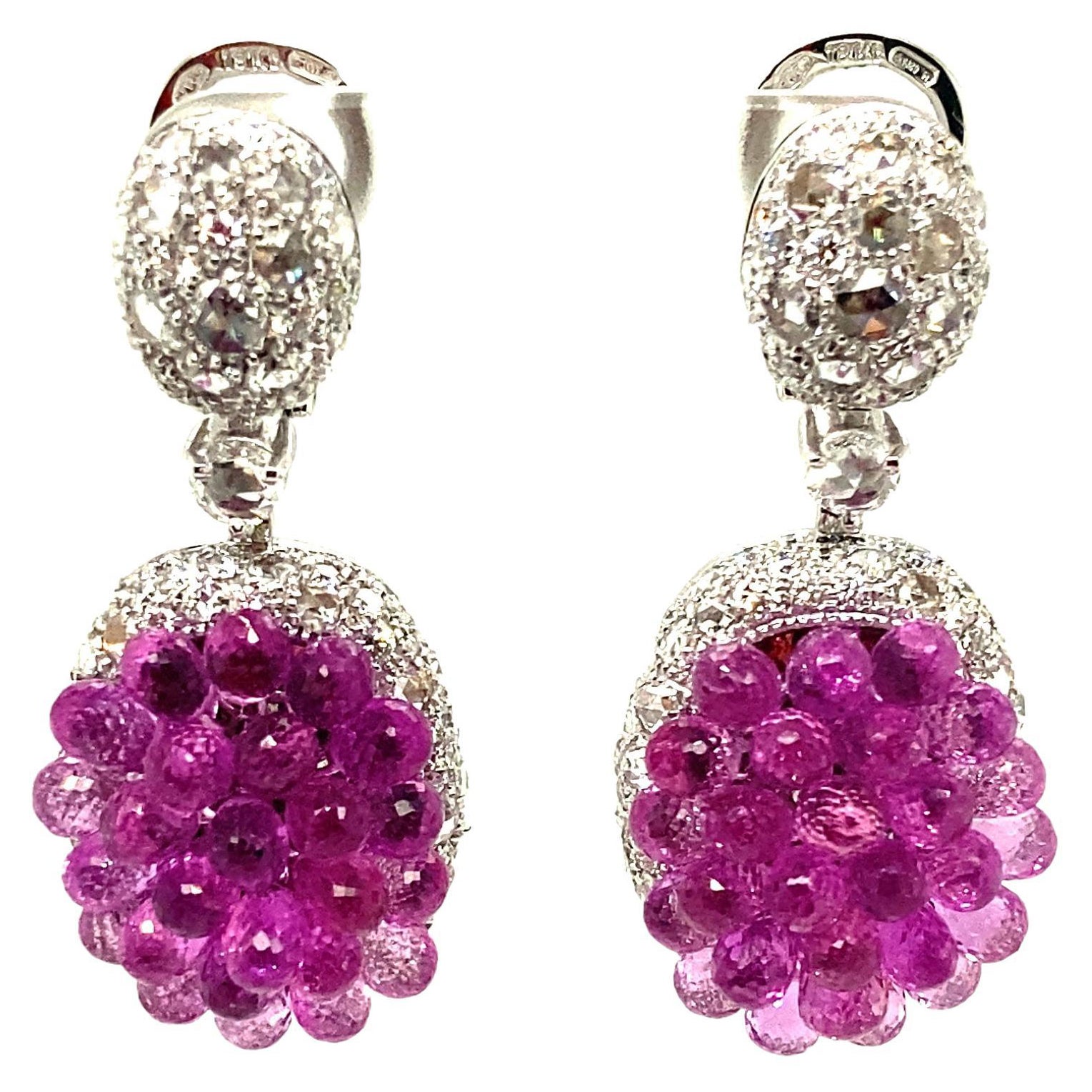 26 Carat Briolette-Cut Pink Sapphires and White Diamond Gold Dangle Earrings For Sale