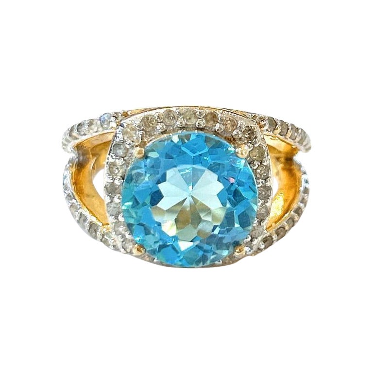 Bochic “Orient” Blue Topaz & Diamond  Cocktail Ring Set In 18 K Gold & Silver For Sale