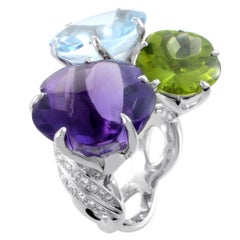 Chanel White Gold Diamond and Triple Gemstone Flower Cocktail Ring