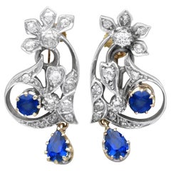 Antique 1.56 Carat Sapphire and 1.20 Carat Diamond 9k Yellow Gold Earrings