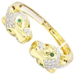 Emerald & Diamond 18k Yellow Gold Panther Cuff Bangle Bracelet 