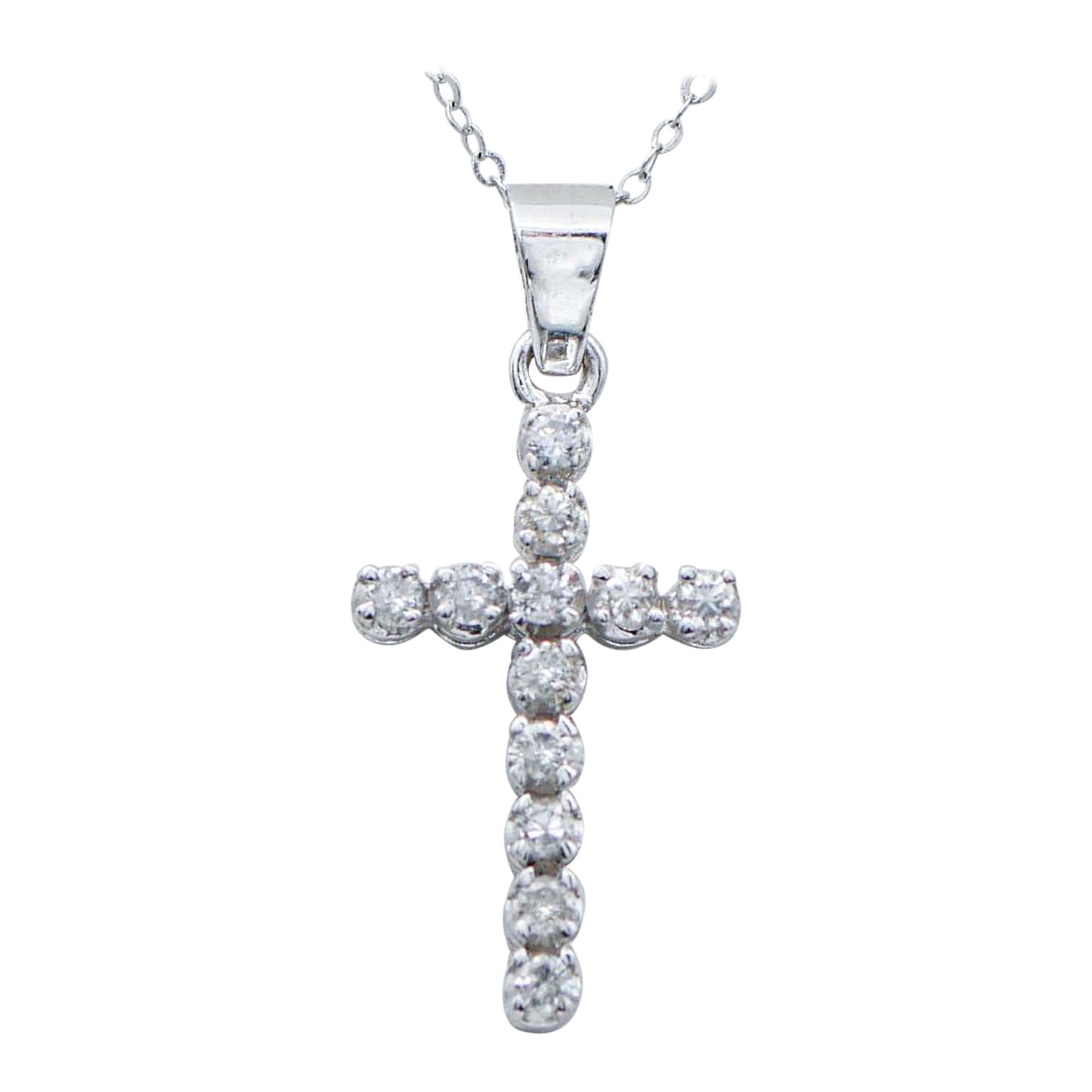 0.42 Carats Diamonds, White Gold Cross Pendant Necklace. For Sale