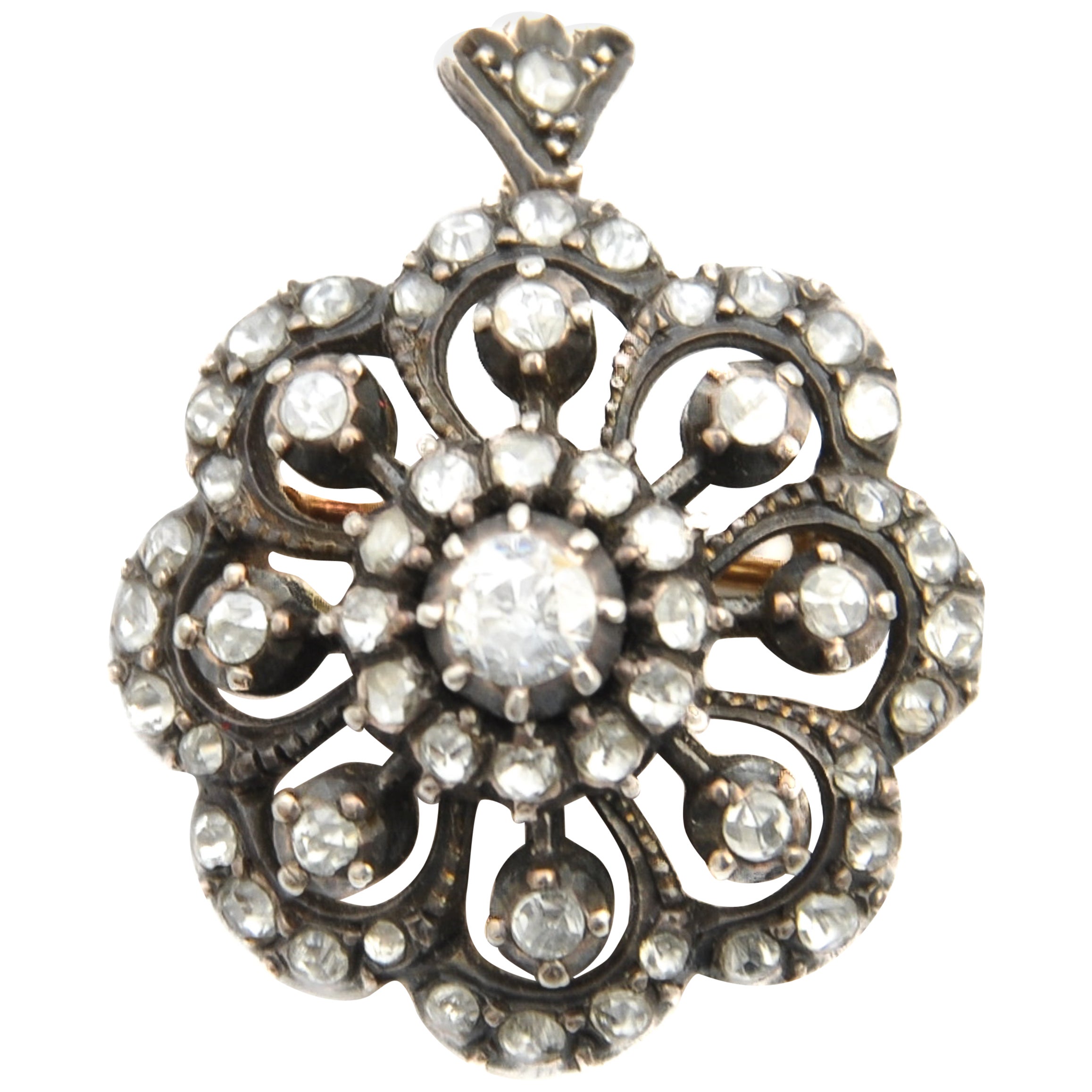 Antique Dutch Gold and Silver Rose Cut Diamond Floral Brooch Pendant