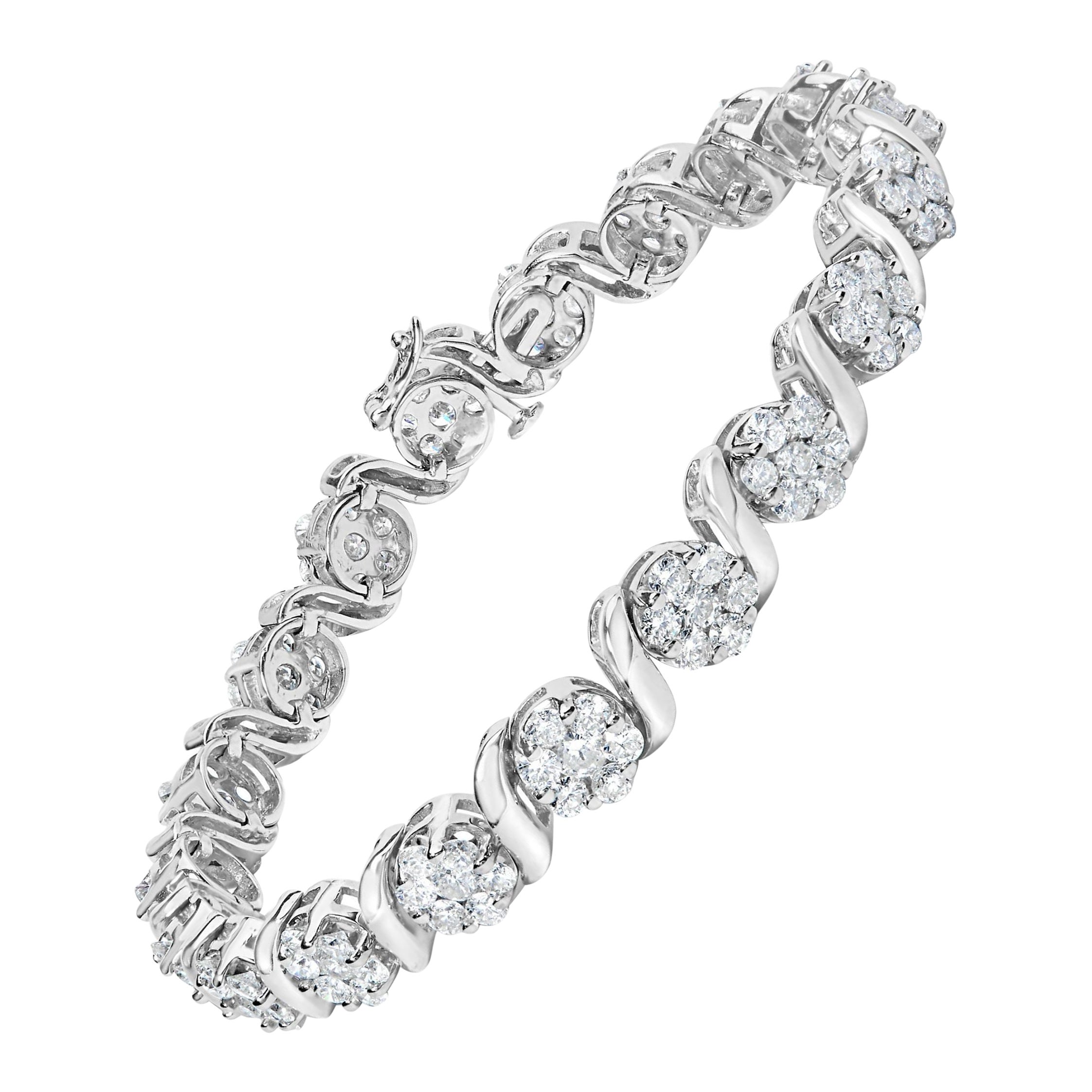 14K White Gold 7 3/8 Carat Round Diamond Floral Cluster and S Link Bracelet For Sale