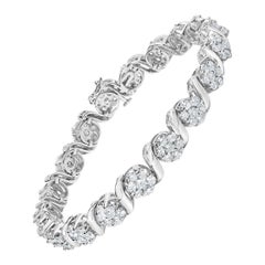14K White Gold 7 3/8 Carat Round Diamond Floral Cluster and S Link Bracelet