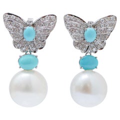 White Pearls, Turquoise, Diamonds, 14 Karat White Gold Butterfly Earrings.