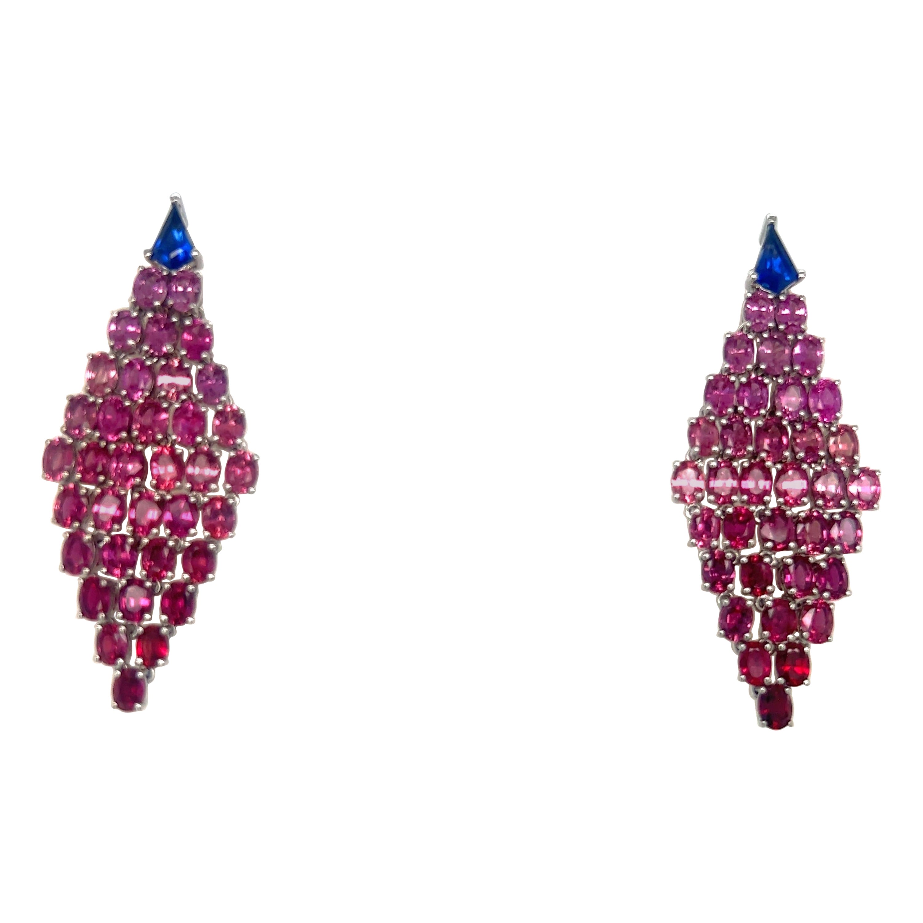 18 Karat White Gold Hanging Earrings with 14.20Cts Ombre' Rubies For Sale