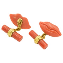 Contemporary 18 Karat Yellow Gold and Coral Lip Cufflinks