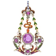 Victorian Renaissance Revival Pink Sapphire Diamond Antique Snake Pendant