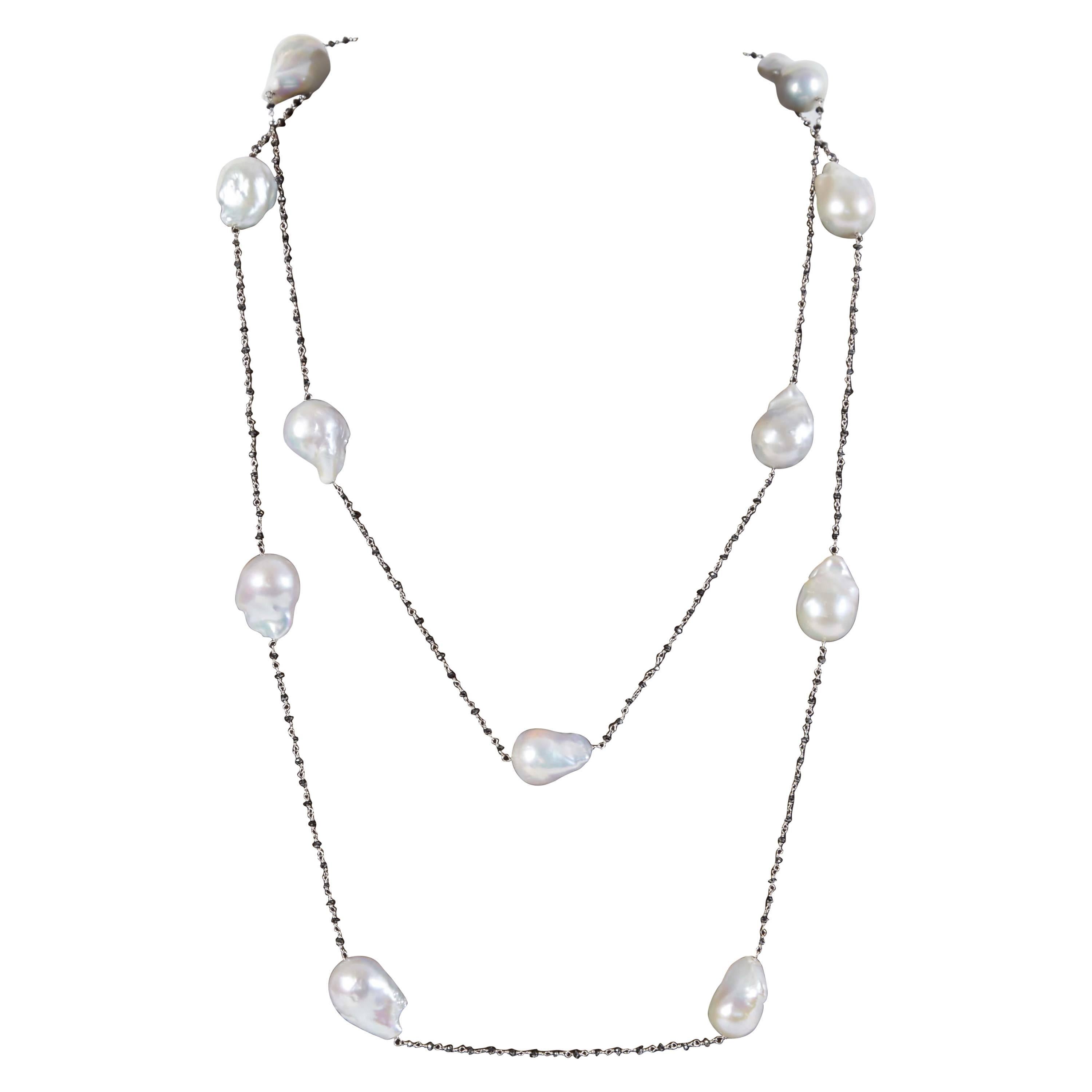 Diamond Scene Baroque Pearl Black Diamond Gold Long Chain Necklace For Sale