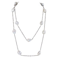 Diamond Scene Baroque Pearl Black Diamond Gold Long Chain Necklace