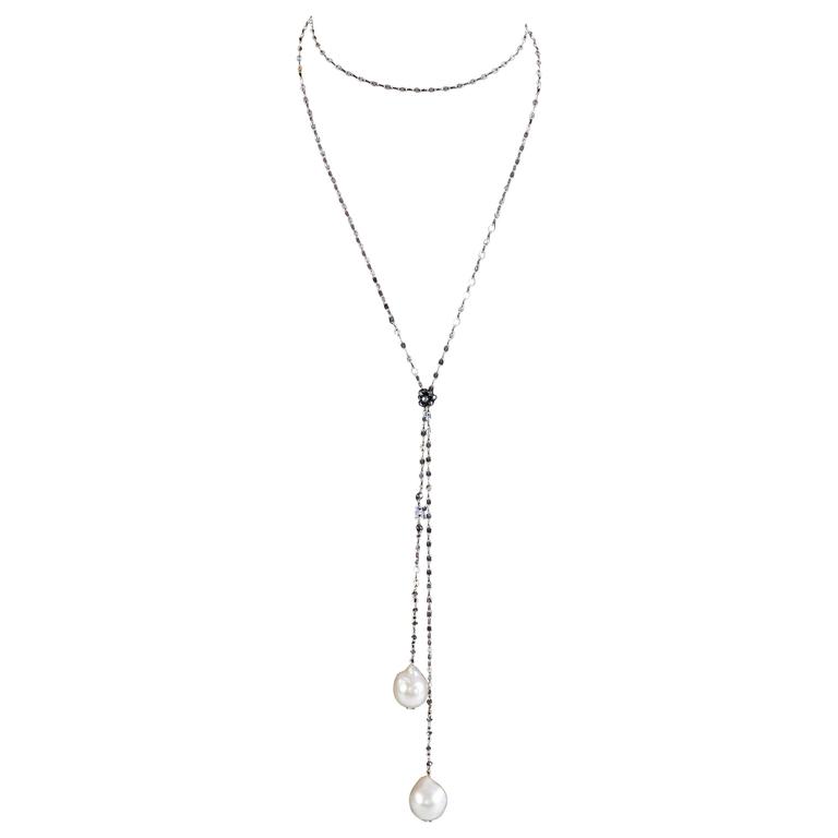 Baroque Pearl Black Diamond Gold Lariat Necklace For Sale at 1stDibs