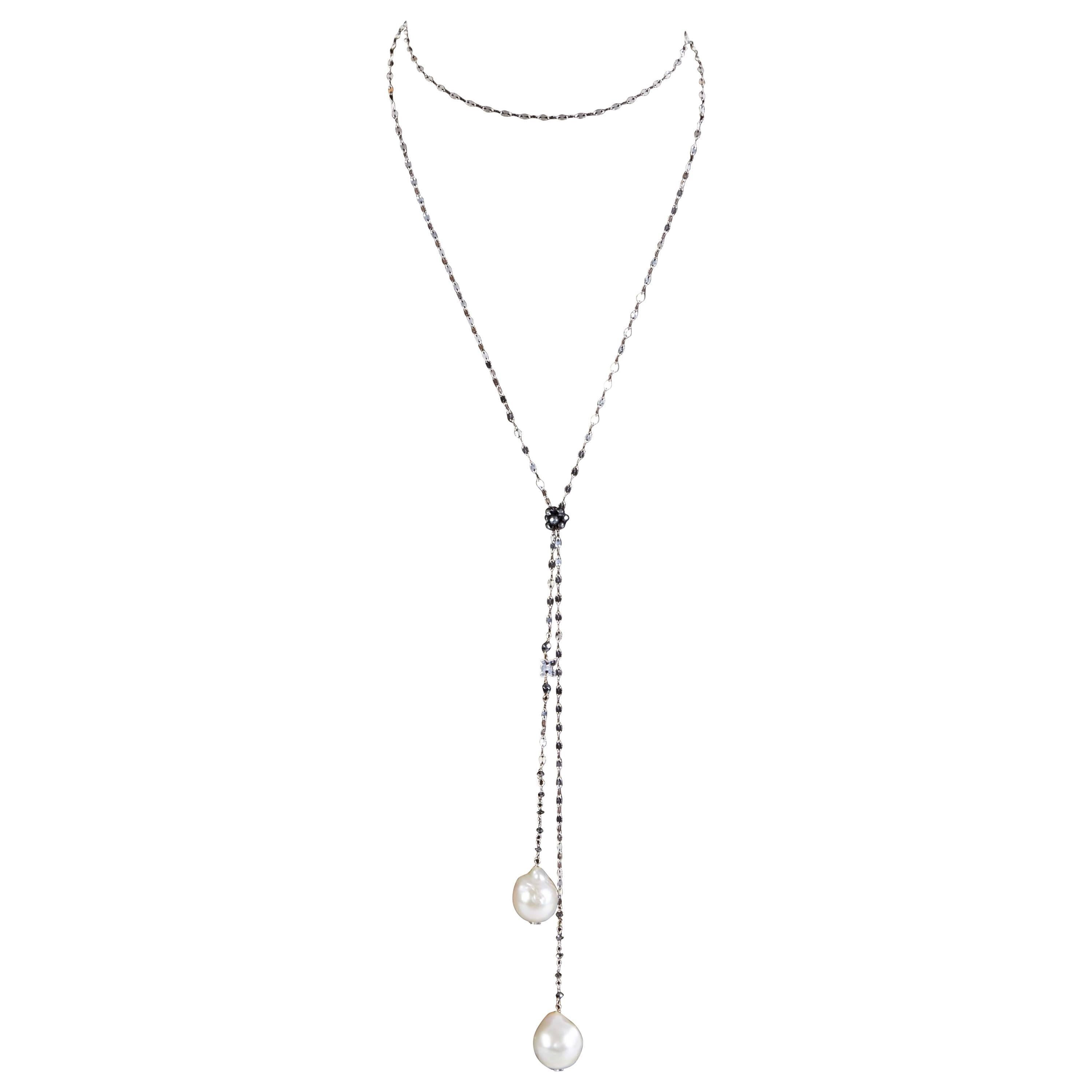 Baroque Pearl Black Diamond Gold Lariat Necklace 