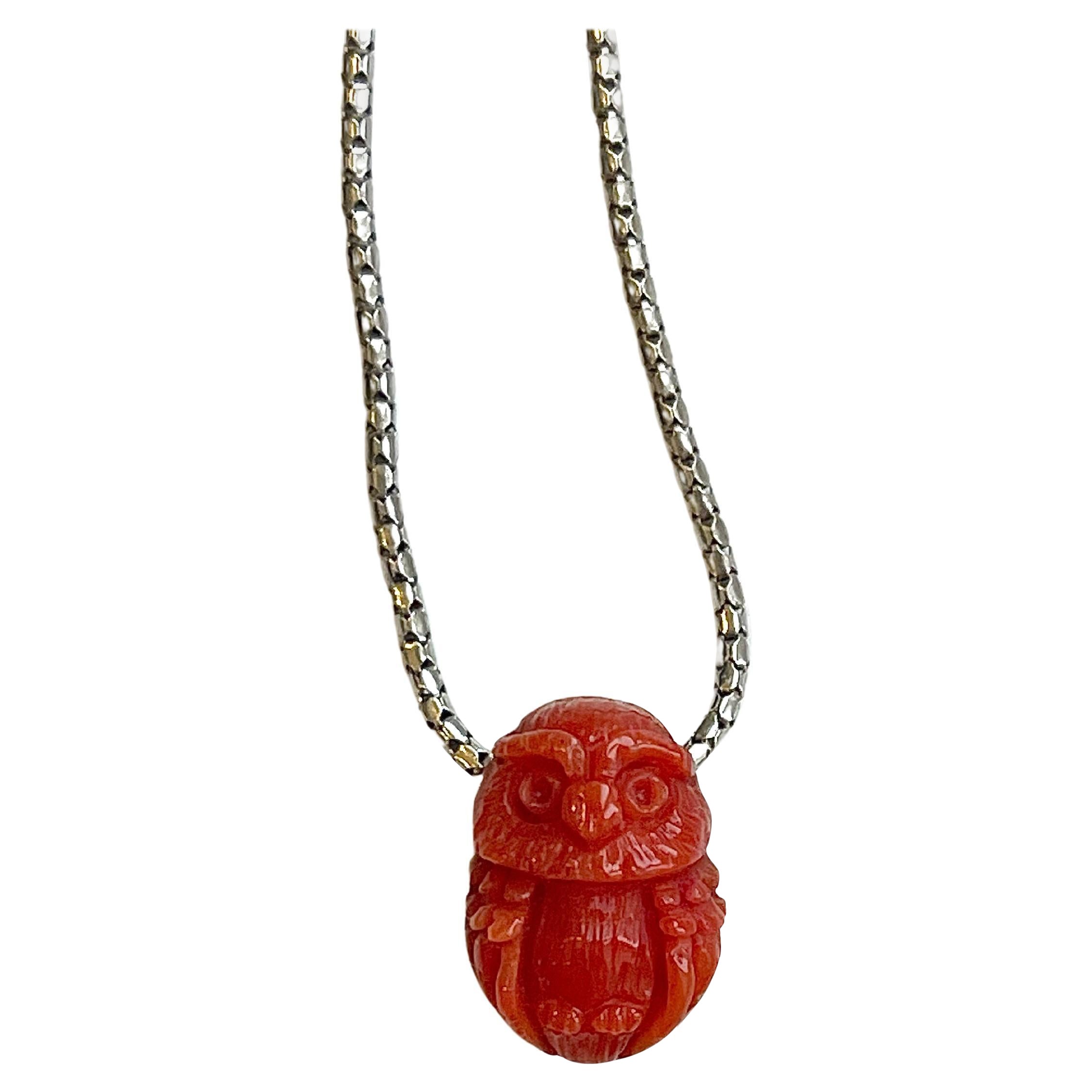 925 Sterling Silver Owl Red Mediterranean Coral Necklace  For Sale