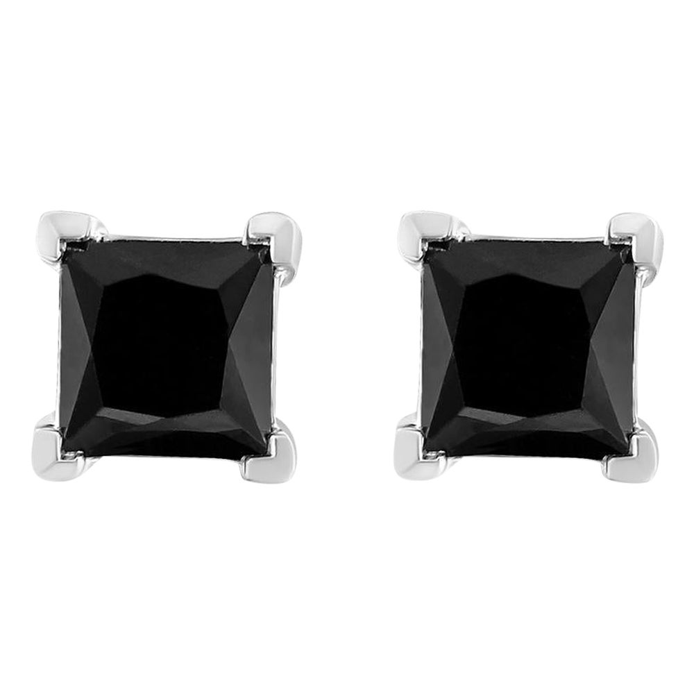 Silver 5/8 Cttw Princess-Cut Treated Black Diamond Classic 4-Prong Stud Earrings For Sale