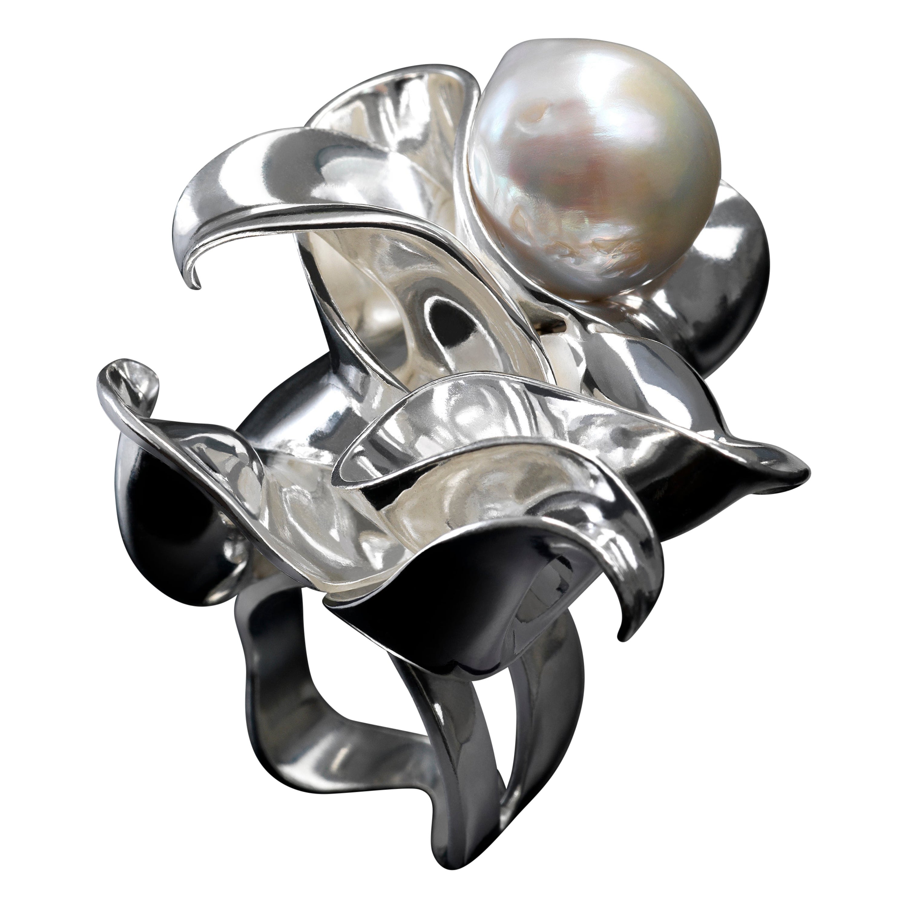 Nathalie Jean Contemporary Pearl Sterling Silver Sculpture Cocktail Ring