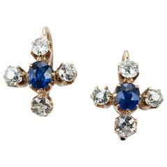 Antique Russian Sapphire and Diamond Gold Earrings