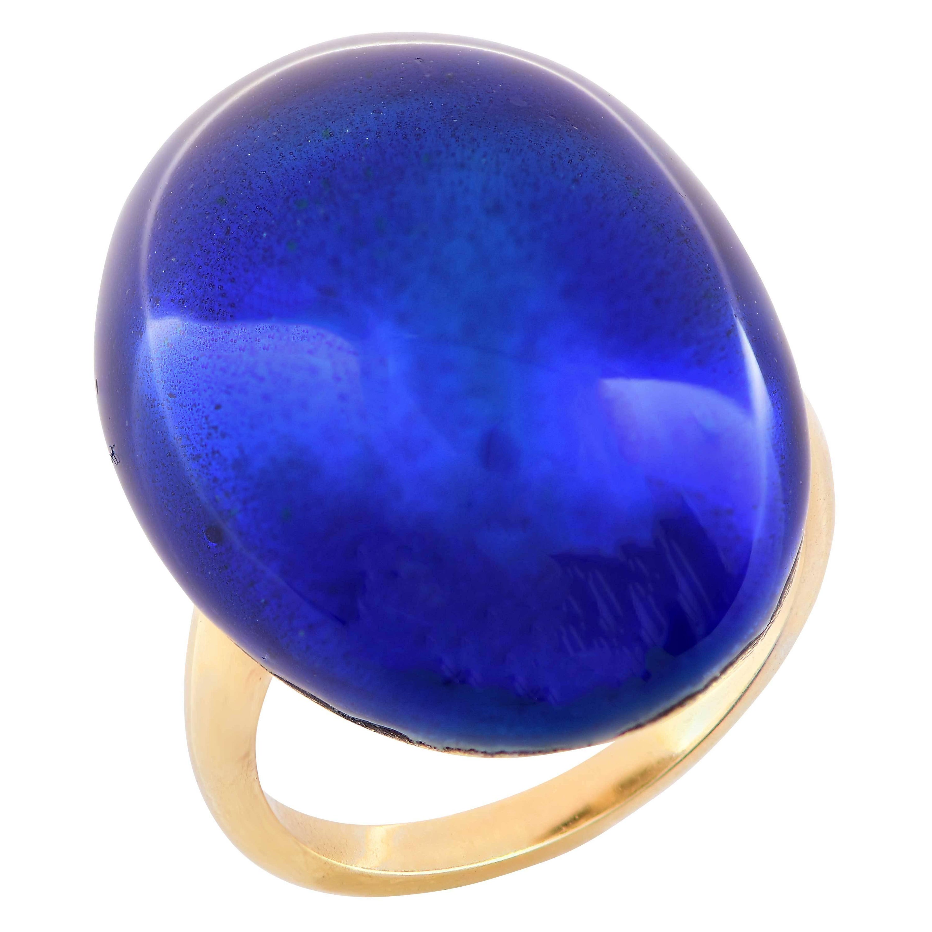 Carvin French Blue Enamel Bombe 18 Karat Yellow Gold Ring For Sale