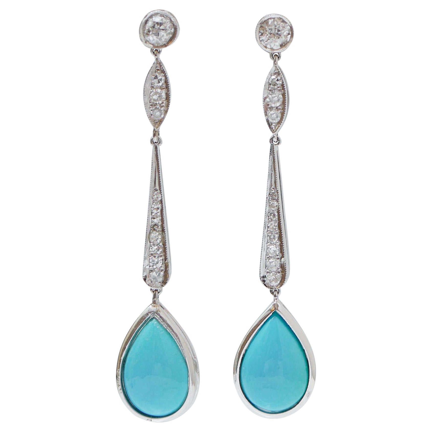 Turquoise, diamants, platine Boucles d'oreilles pendantes. en vente