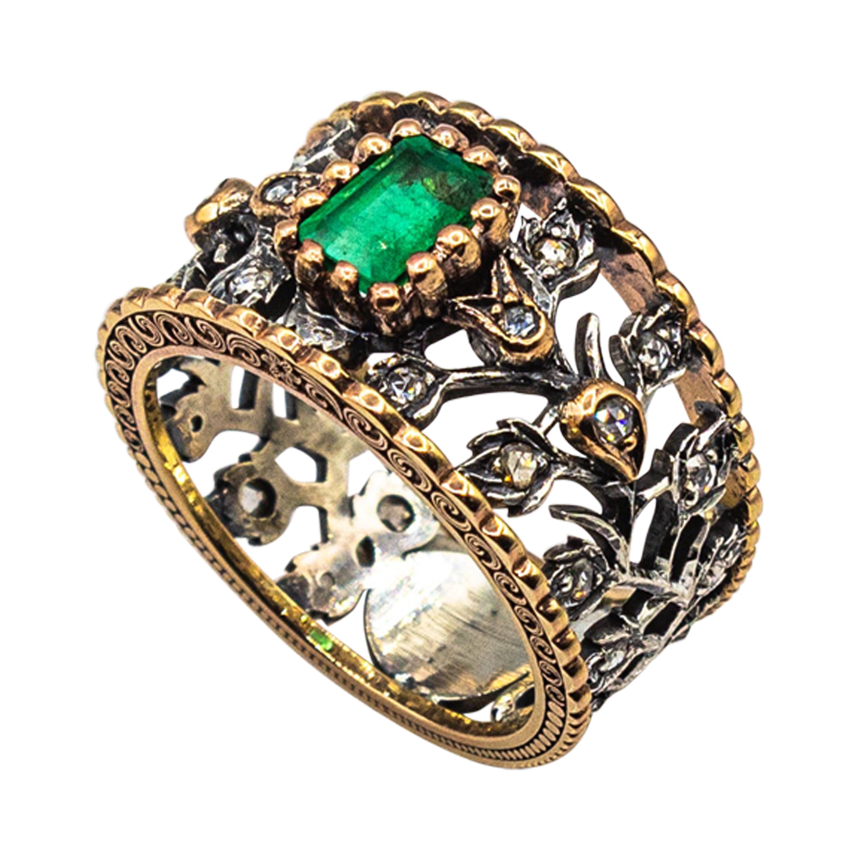Art Deco Style White Rose Cut Diamond Octagon Cut Emerald Yellow Gold Ring For Sale
