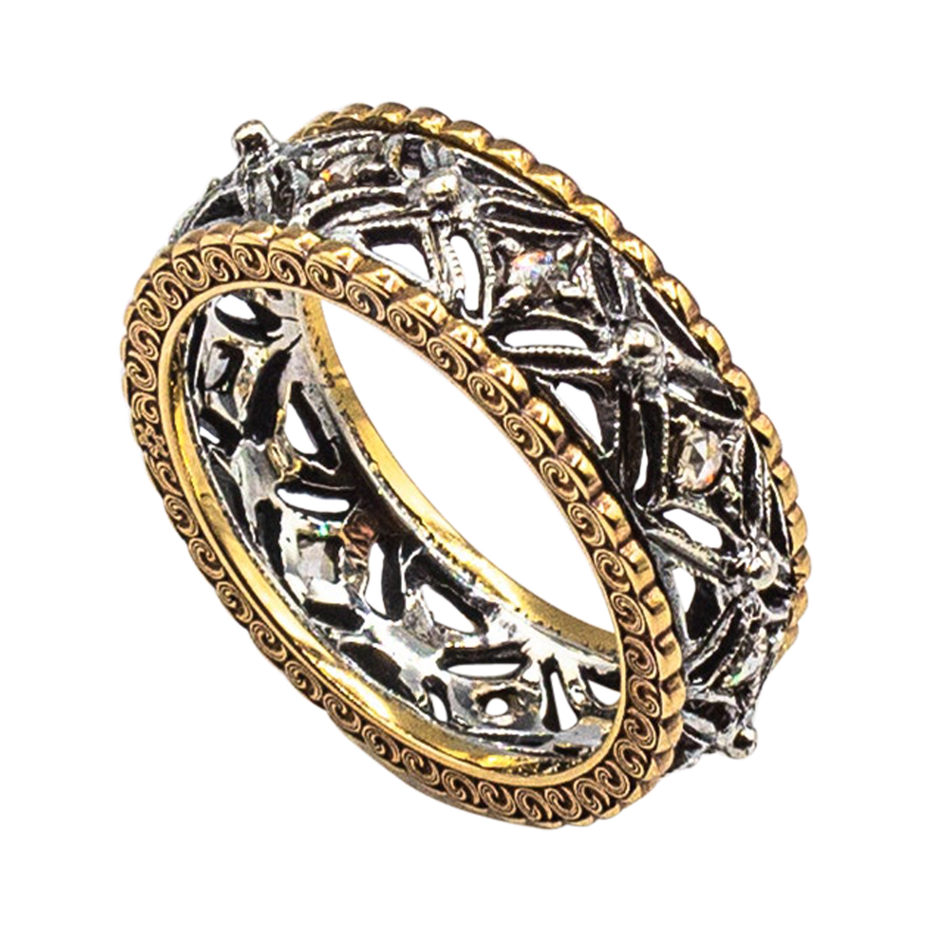 Gelbgoldring im Art-déco-Stil, handgefertigter Diamantring mit weißem Diamanten im Rosenschliff im Angebot