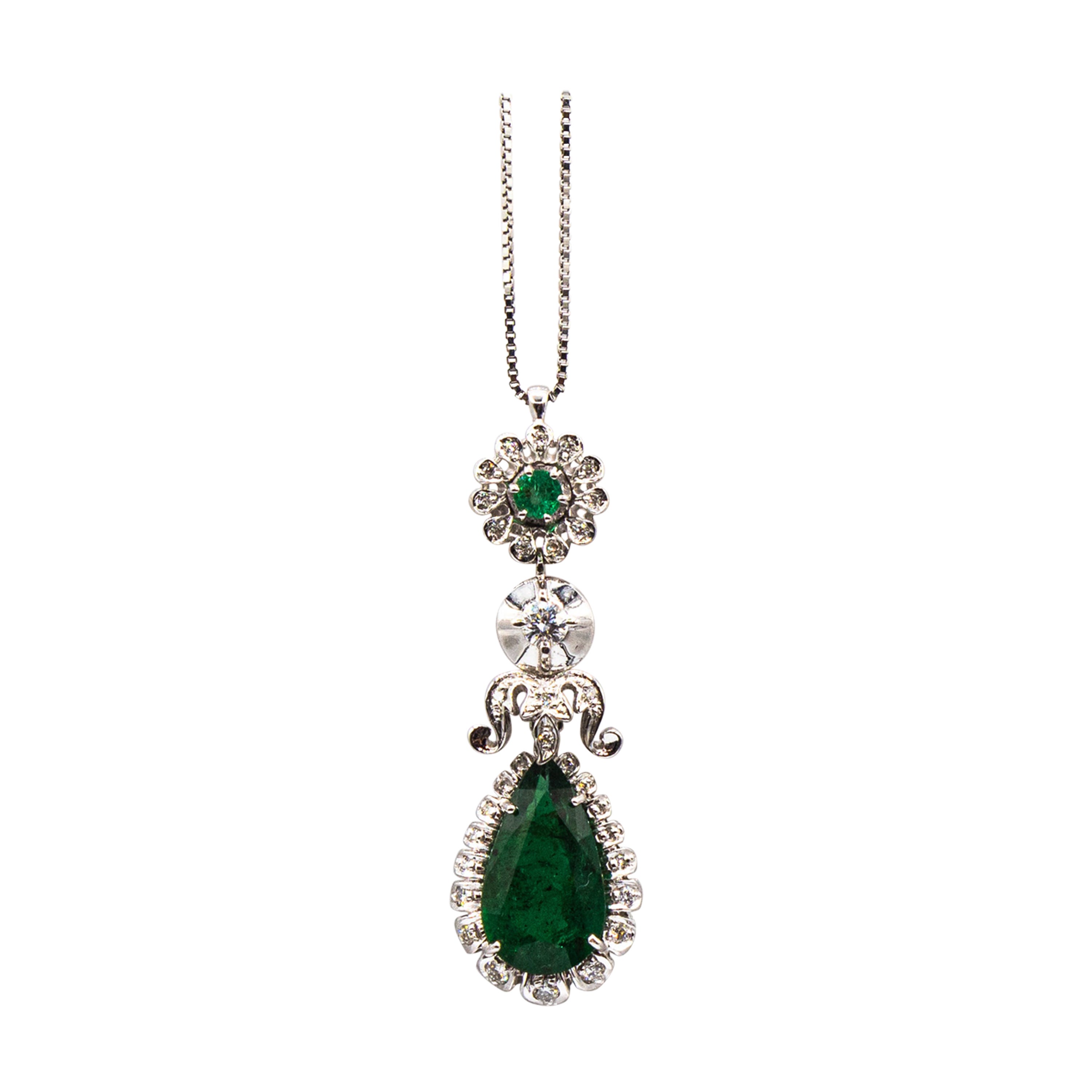 Art Deco Style White Diamond Pear Cut Emerald White Gold Pendant Necklace For Sale