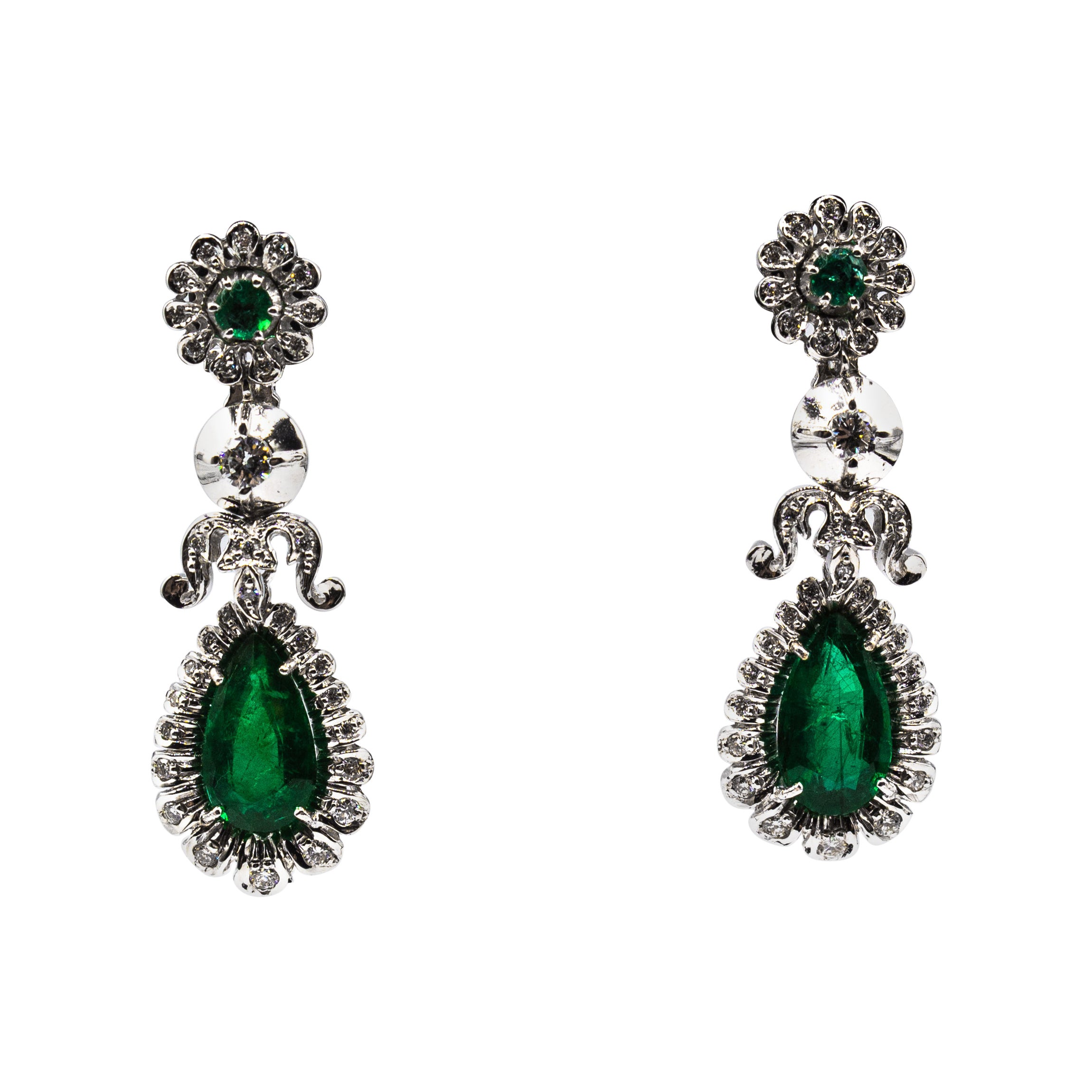 Art Deco Style White Diamond Pear Cut Emerald White Gold Clip-On Drop Earrings For Sale