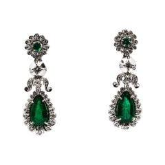 Art Deco Style White Diamond Pear Cut Emerald White Gold Clip-On Drop Earrings