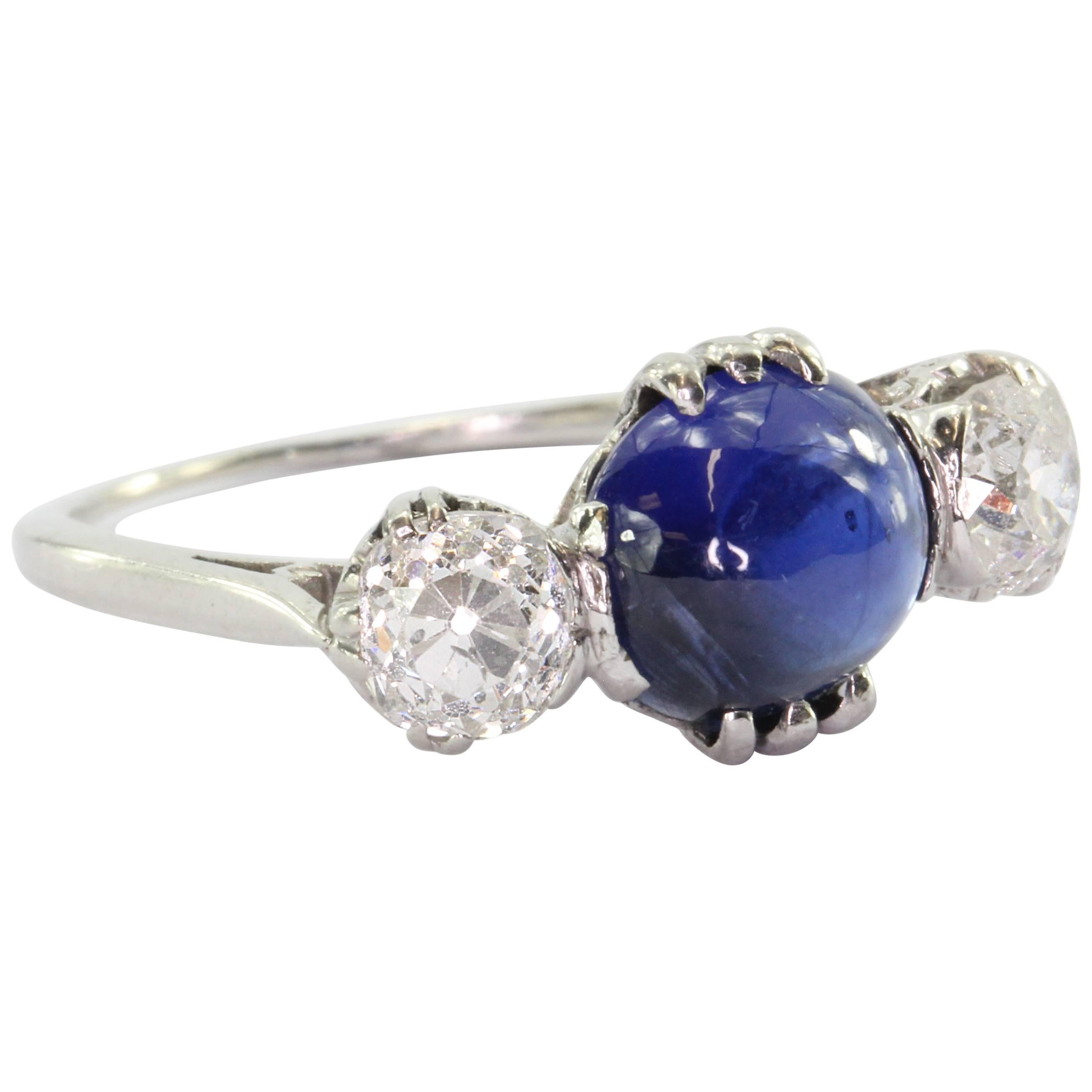 Edwardian Natural No Heat Burma Blue Sapphire Platinum Diamond Ring