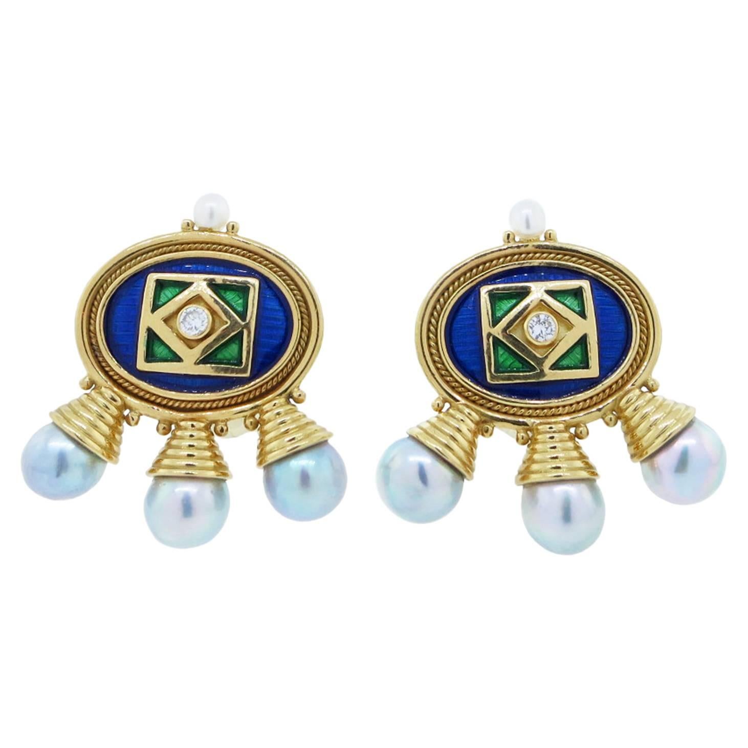 ELIZABETH GAGE Enamel Pearl and Diamond Earrings For Sale