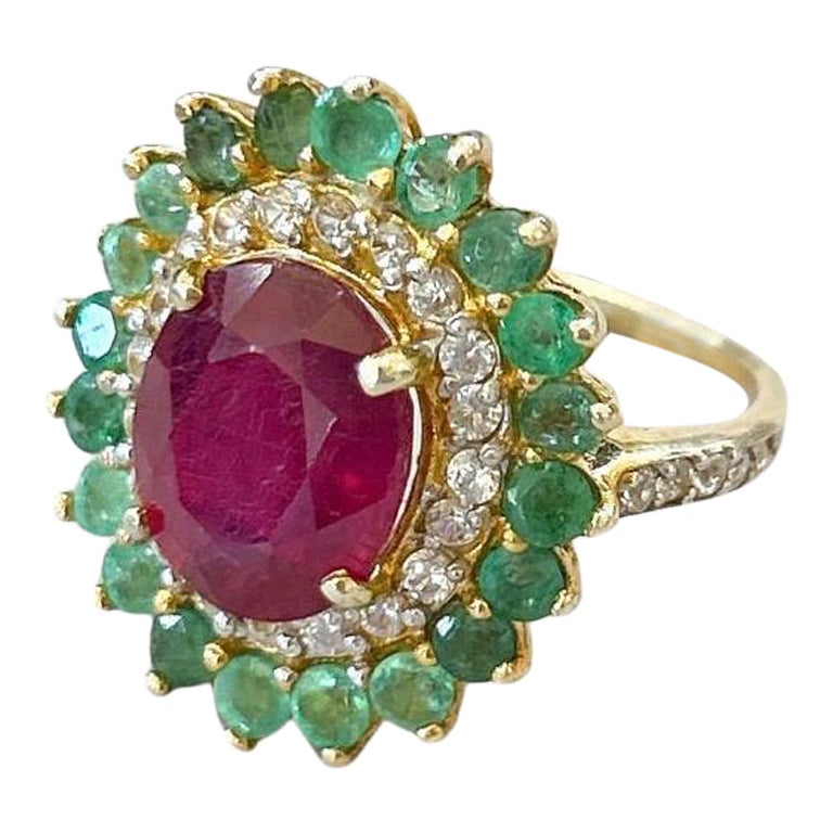 Bochic “Orient” Vintage Emerald, Ruby & Diamond Ring Set In 18K Gold & Silver  For Sale