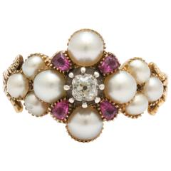 Ruby, Natural Peal and Cushion Cut Old Mine Diamond Ring c. 1840 12
