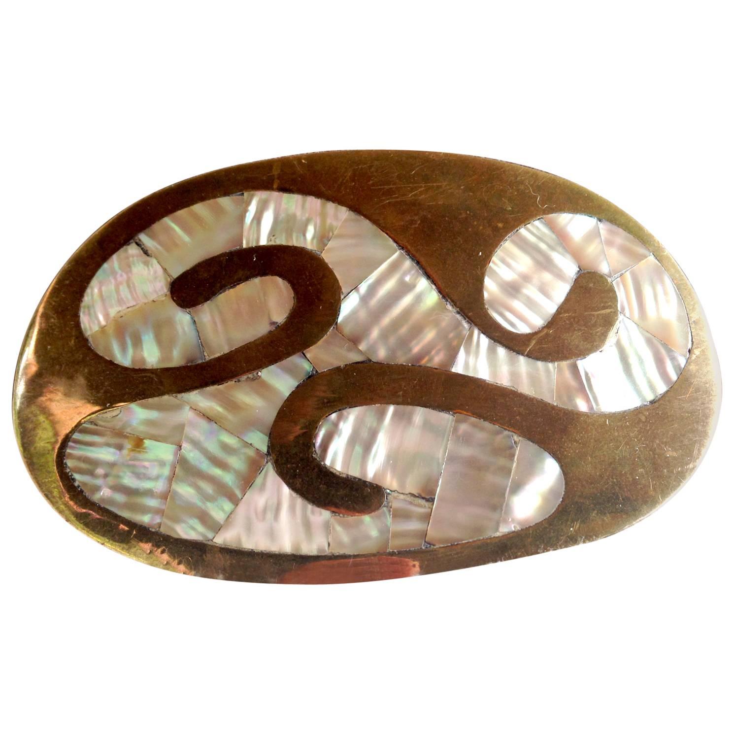 Mexican Modernist Mother-of-Pearl Brass Belt Buckle