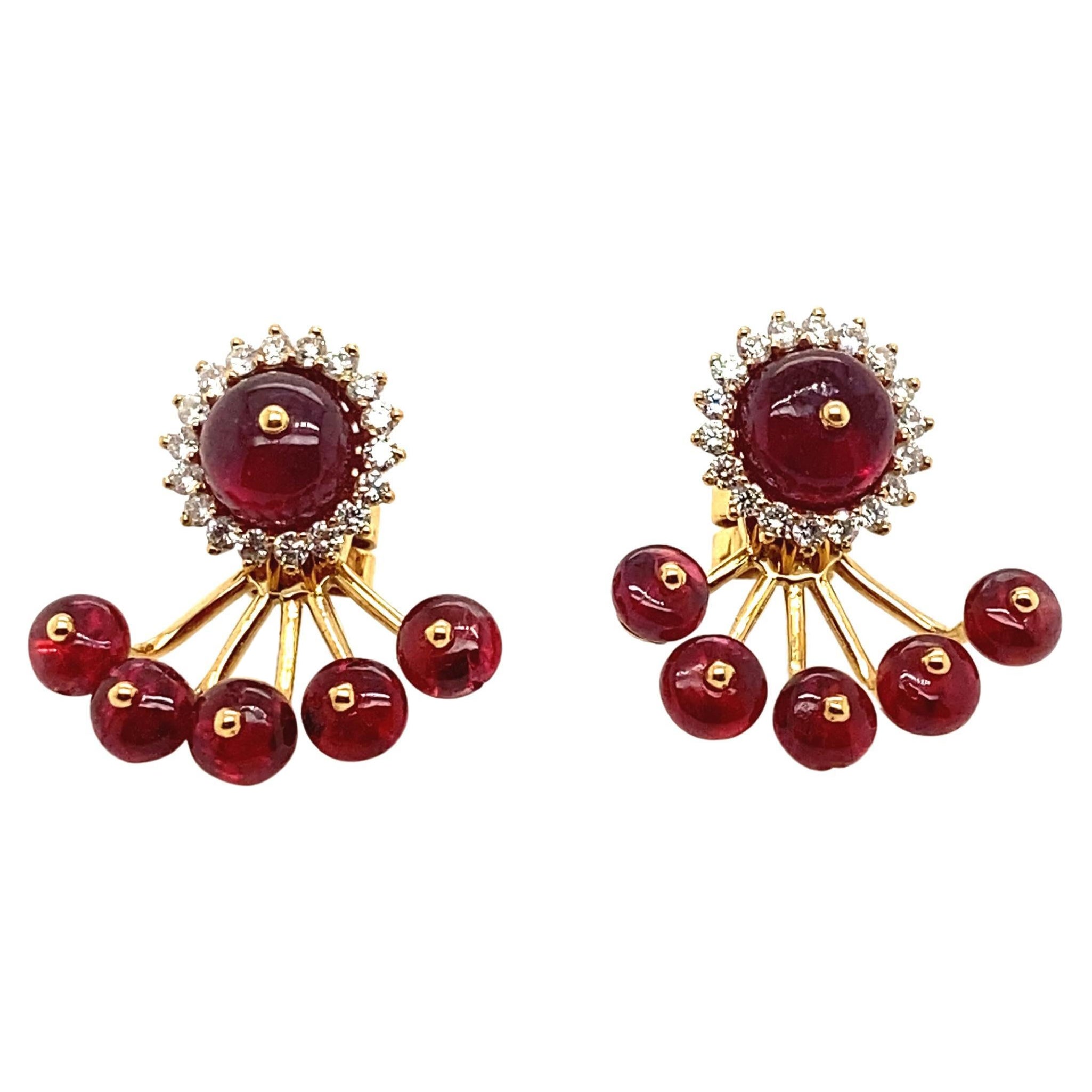12.98 Carat Natural Red Spinel Beads and Diamond Gold Earrings