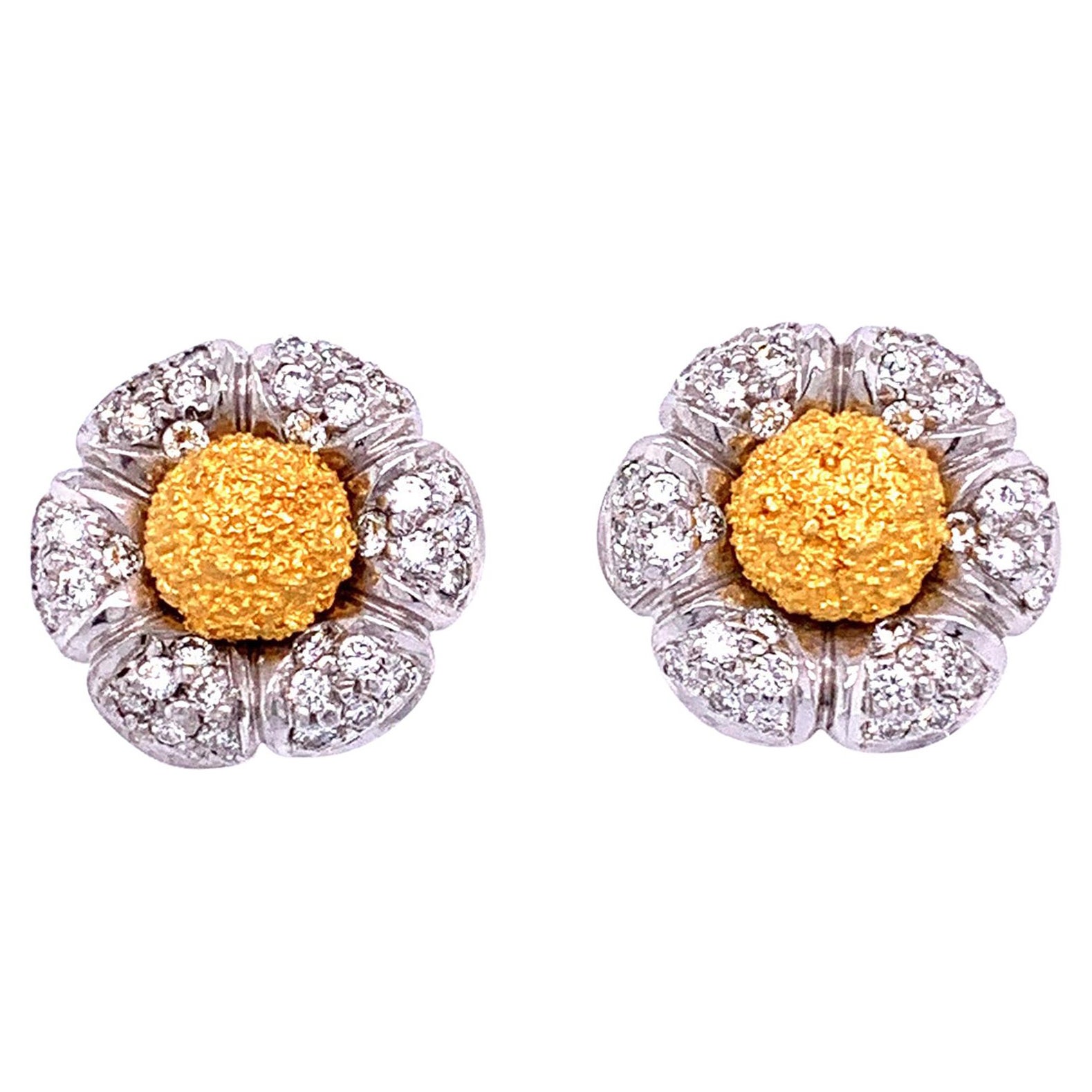 White Diamond and 18 Karat Gold "Flower" Stud Earrings For Sale