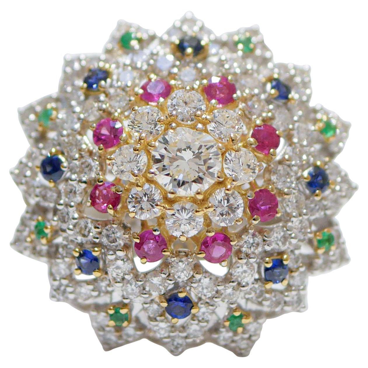 Sapphires, Rubies, Emeralds, Diamonds, 18 Karat White Gold Ring. For Sale