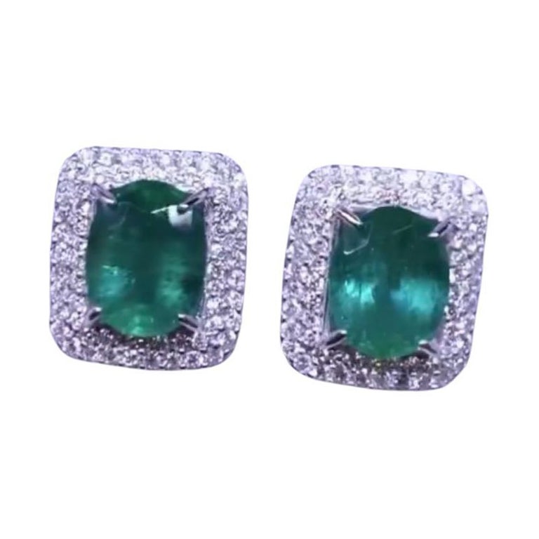AIG Certified 5.80 Carats Zambian Emeralds  1.13 Ct Diamonds 18K Gold Earrings 