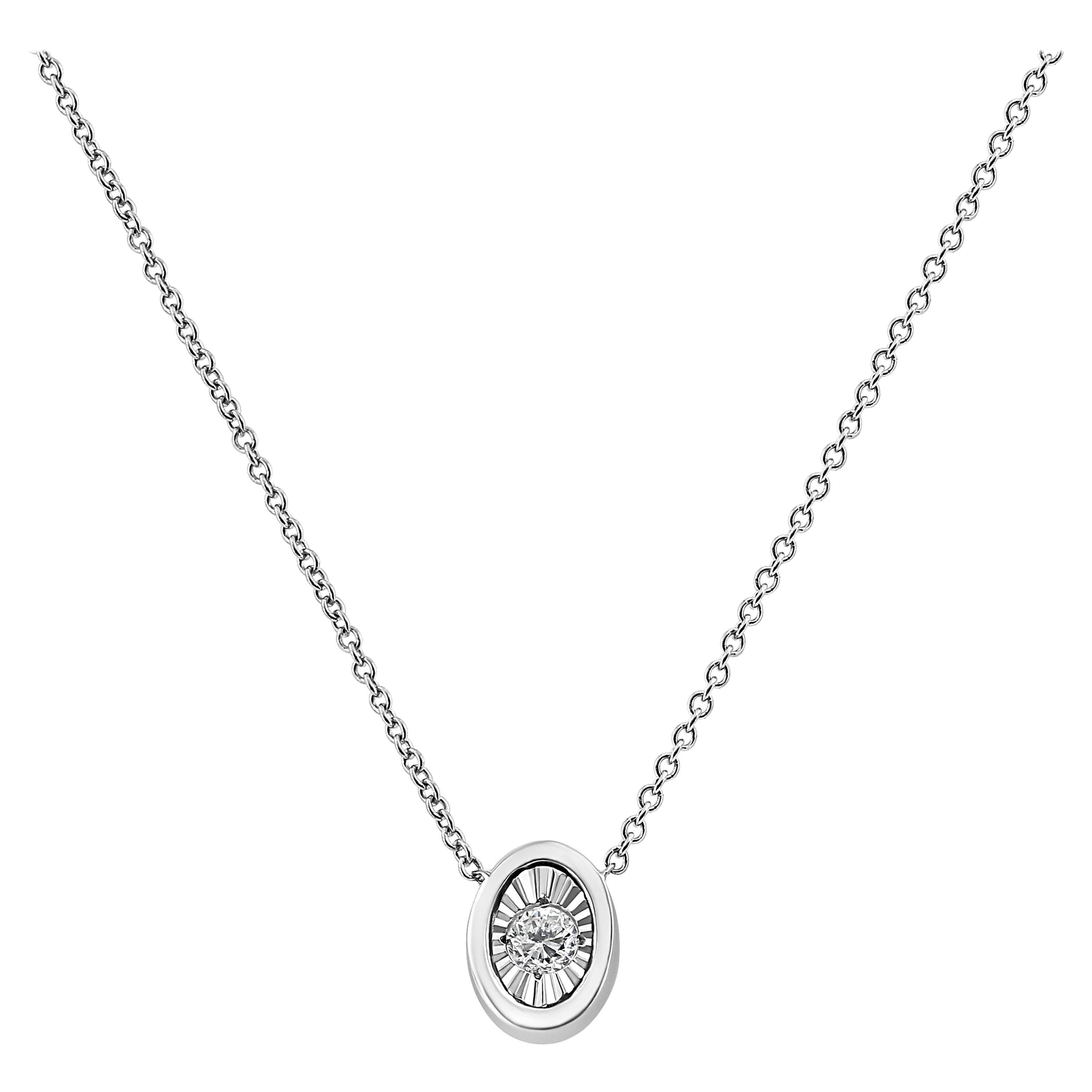 10K White Gold 1/10 Carat Round-Cut Diamond Oval Shape Pendant Necklace For Sale