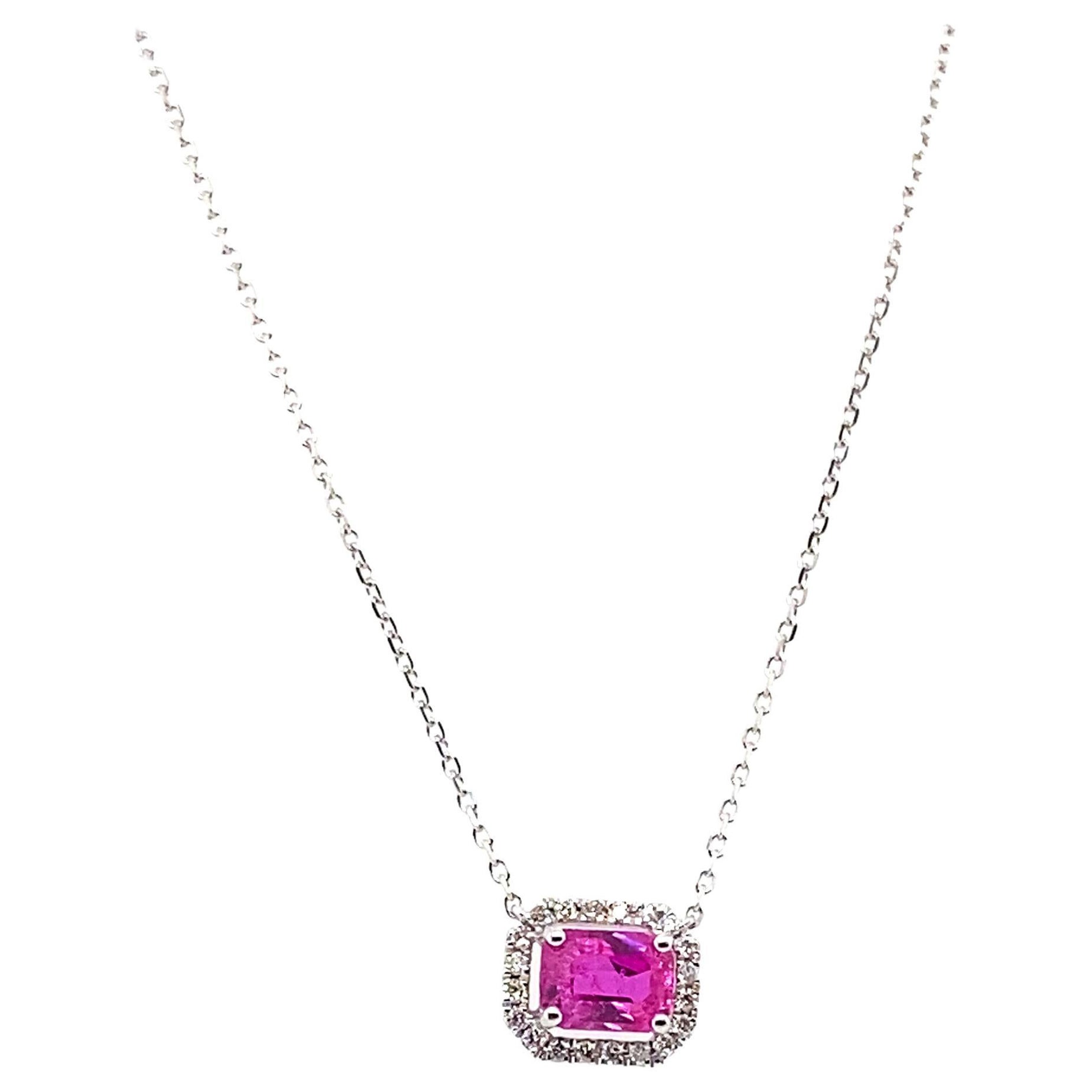 1.22 Carat Octagon-Cut Burma No Heat Ruby and White Diamond Pendant Necklace For Sale