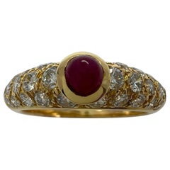 Rare Vintage Cartier Round Ruby And Diamond Mimi 18k Yellow Gold Cabochon Ring 
