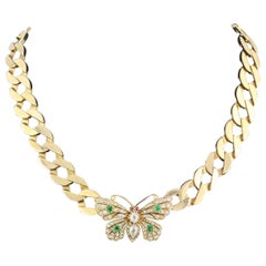 Vintage Butterfly Diamond Ruby Emerald 14K Yellow Gold Curb Link Necklace