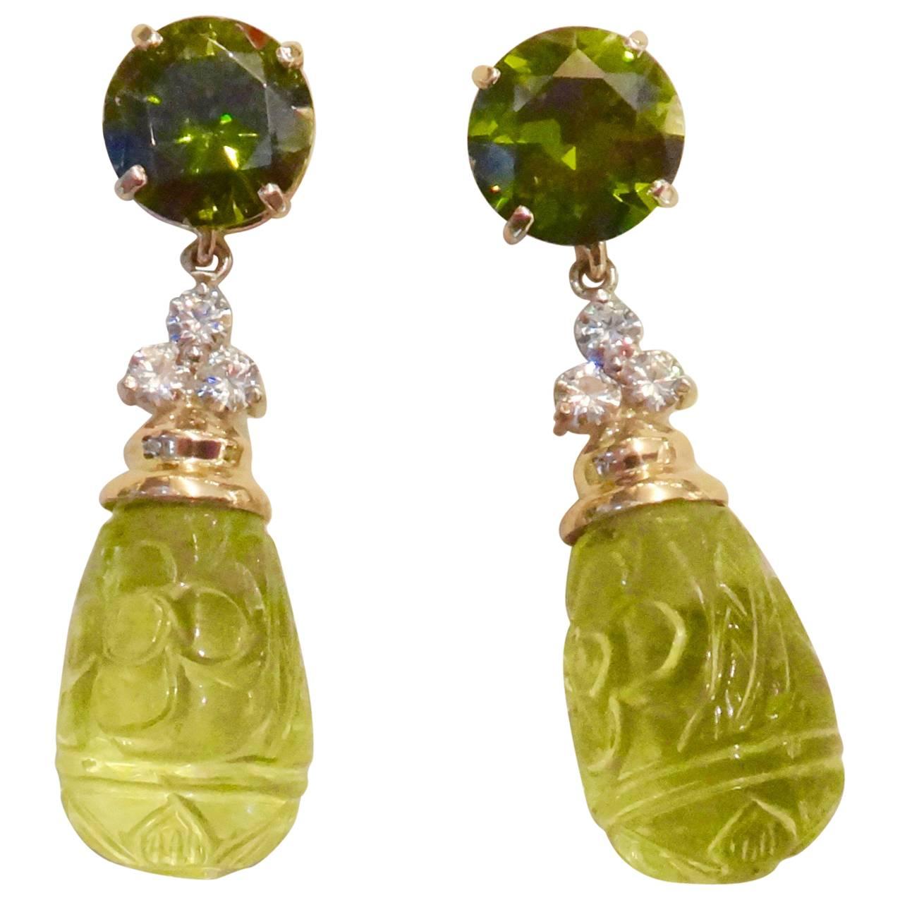 Michael Kneebone Green Zircon Diamond Carved Lemon Citrine Dangle Earrings